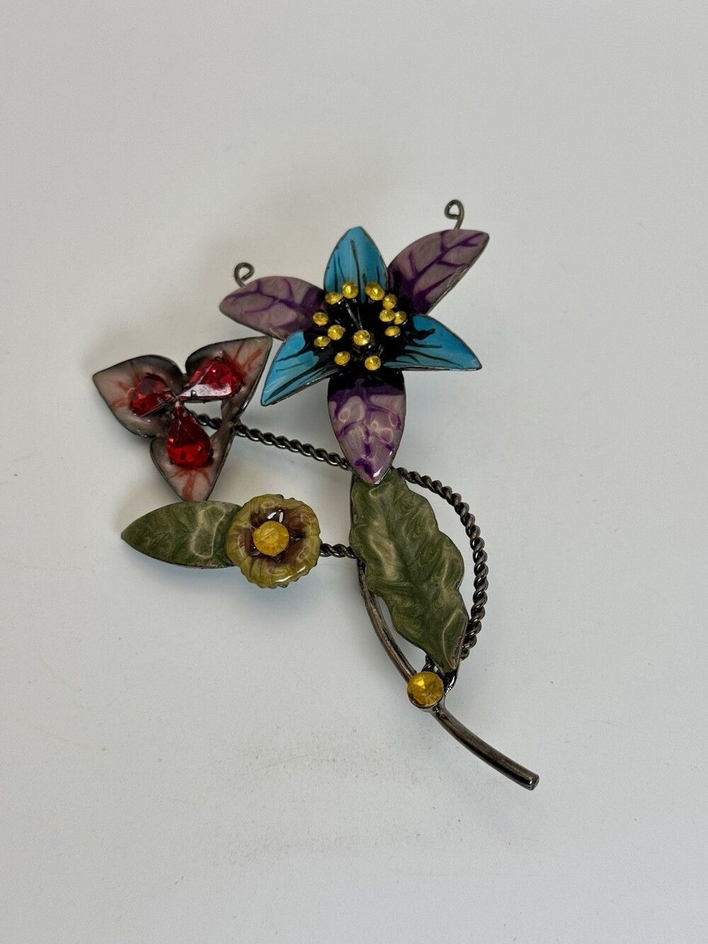 Vintage 3D Enamel Flower Brooch Metal Large Statement Piece 1970s Retro 4.25”